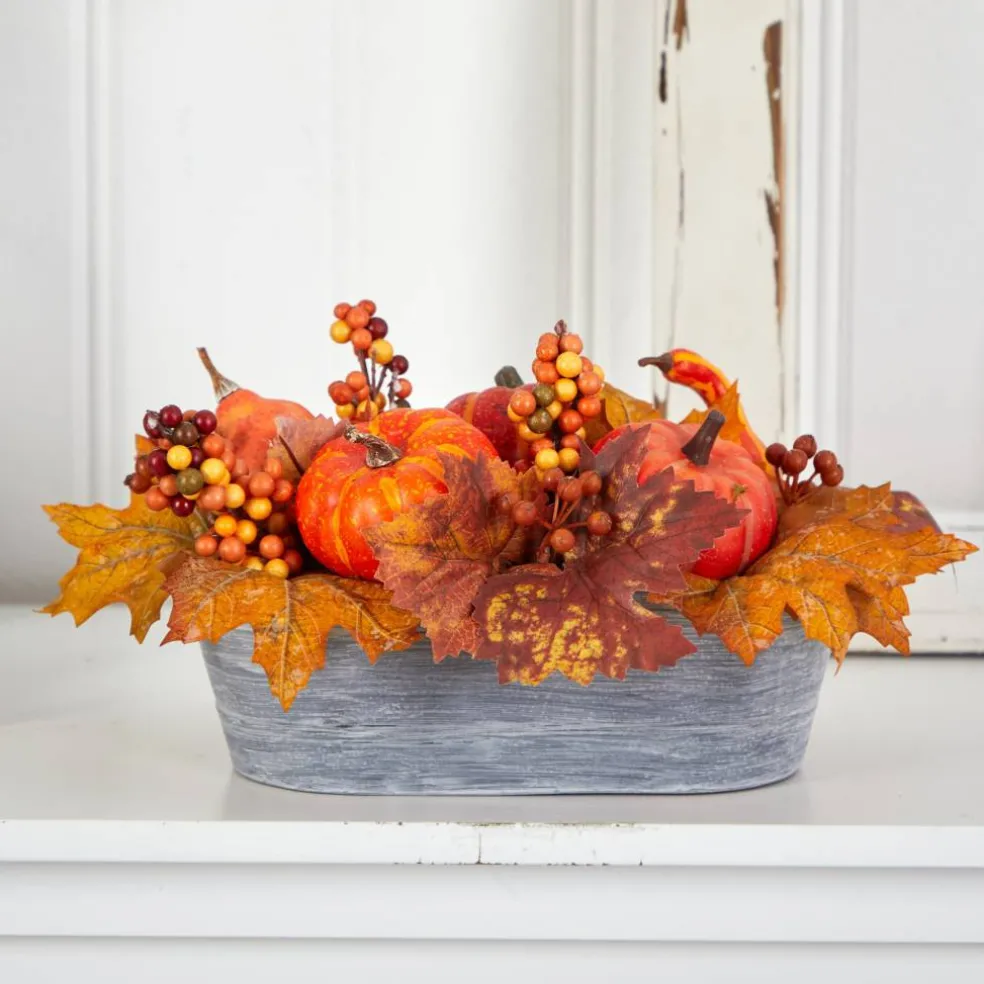 12" Pumpkin & Berries Autumn Harvest Arrangement In Washed Vase