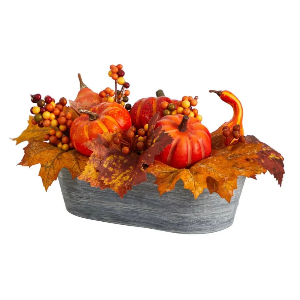 12" Pumpkin & Berries Autumn Harvest Arrangement In Washed Vase