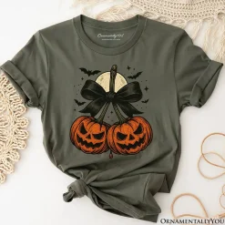 Pumpkin Cherries Coquette Bow T-Shirt, Retro Halloween Fall Season Tee for Sweet Autumn Girls