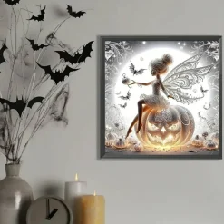 Pumpkin Elf Bat Diamond Art Kit for Adults, 5D Halloween Diamond Painting Kit, Full Round Drill DIY Gem Art Craft for Beginners, Halloween Wall Decor, 13.8 x 13.8 Inch
