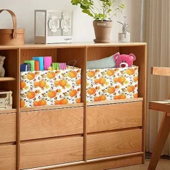 Pumpkin Fall Storage Bin Basket Collapsible with Leather Handles Waterproof Canvas Storage Cube Box for Closet Toys Clothes Thanksgiving Room Decor Gift Basket