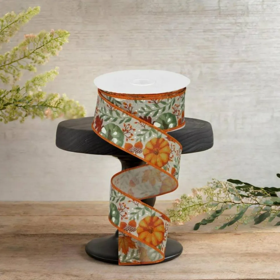1.5" Pumpkin Foliage Ribbon: Light Natural (10 Yards)