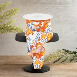 2.5" Pumpkin Foliage Ribbon: White/Navy (10 Yards)
