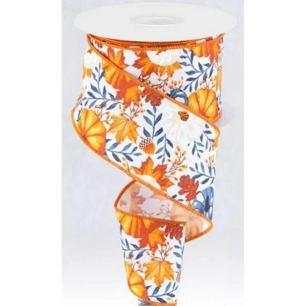 2.5" Pumpkin Foliage Ribbon: White/Navy (10 Yards)