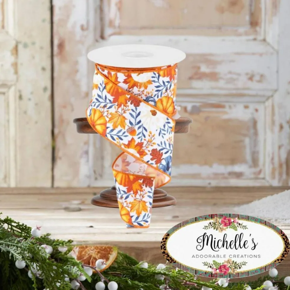 2.5" Pumpkin Foliage Ribbon: White/Navy (10 Yards)