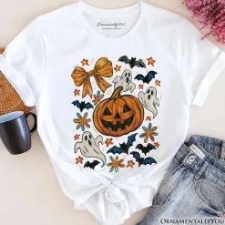 Pumpkin Ghosts Coquette Bow T-Shirt, Retro Fall Spooky Tee for Cute Trick-or-Treaters