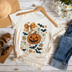 Pumpkin Ghosts Coquette Bow T-Shirt, Retro Fall Spooky Tee for Cute Trick-or-Treaters