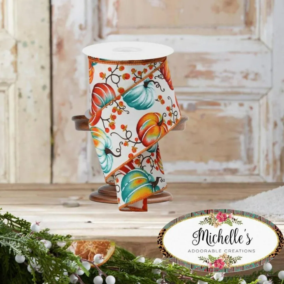 2.5" Pumpkins Bittersweet Ribbon: Ivory/Teal/Rust