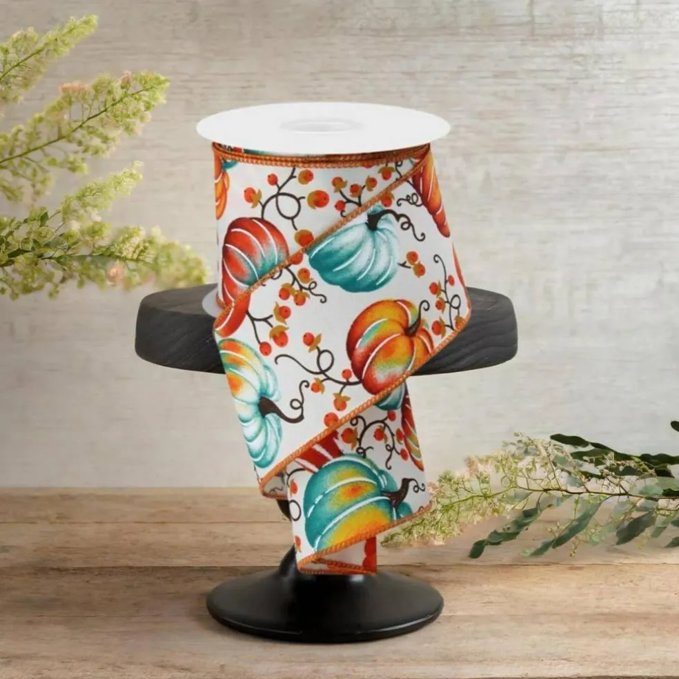 2.5" Pumpkins Bittersweet Ribbon: Ivory/Teal/Rust