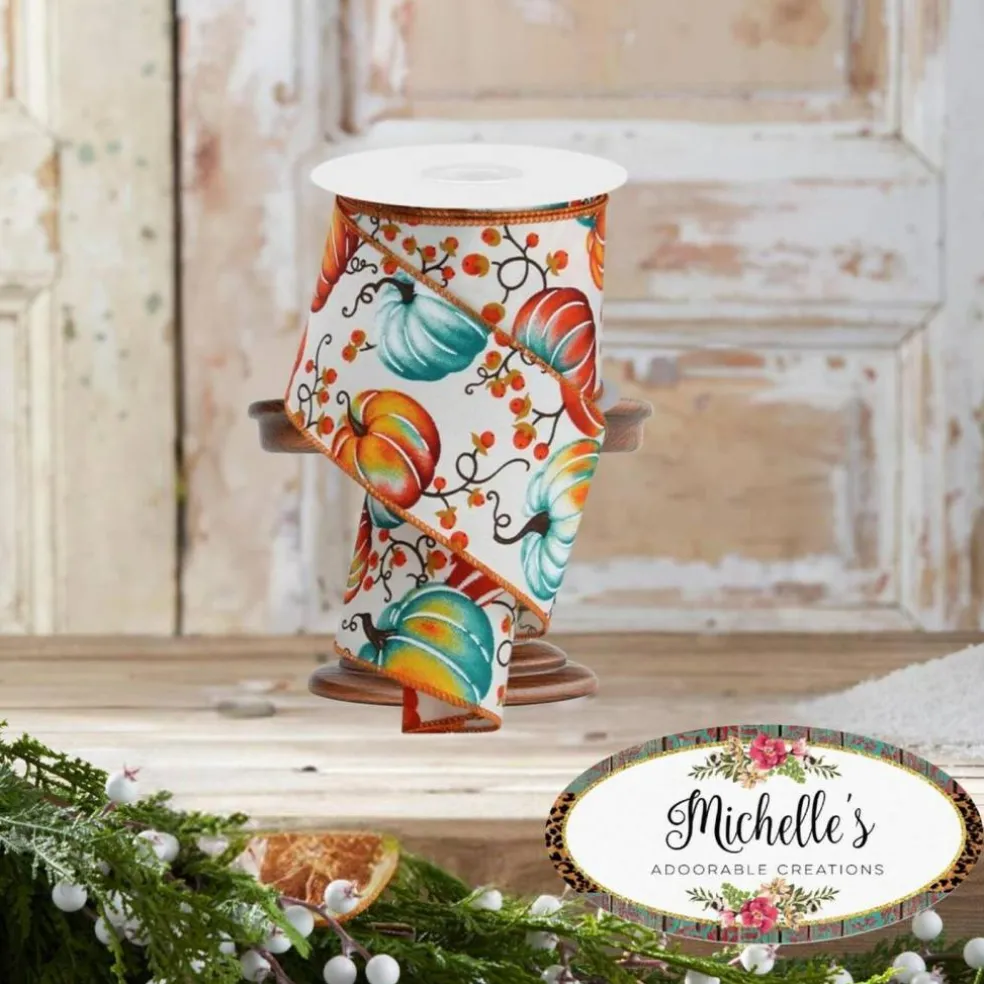 2.5" Pumpkins Bittersweet Ribbon: Ivory/Teal/Rust