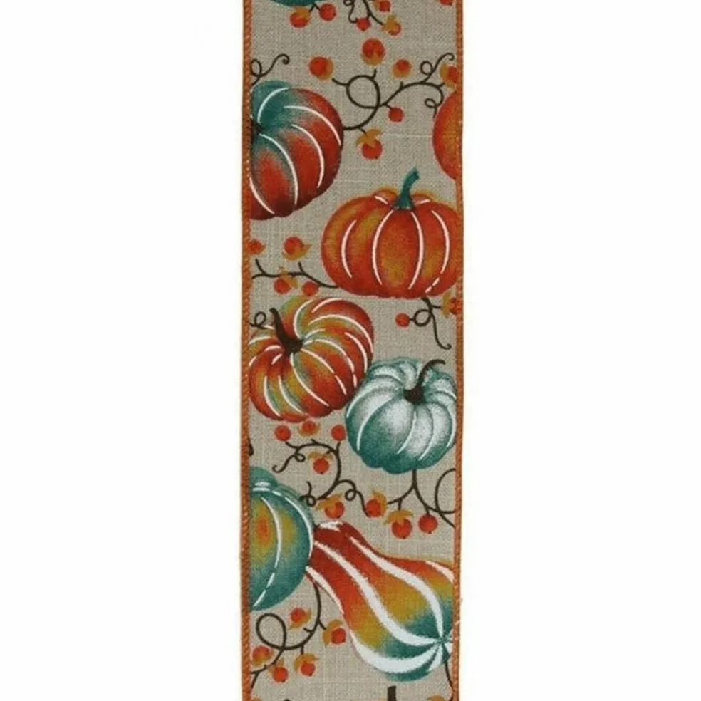 2.5" Pumpkins Bittersweet Ribbon: Light Natural/Teal (10 Yards)
