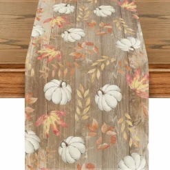 Pumpkins Maple Leaves Brown Wood Fall Table Runner, Seasonal Autumn Kitchen Dining Table Decoration for Home Party Decor 13x72 Inch