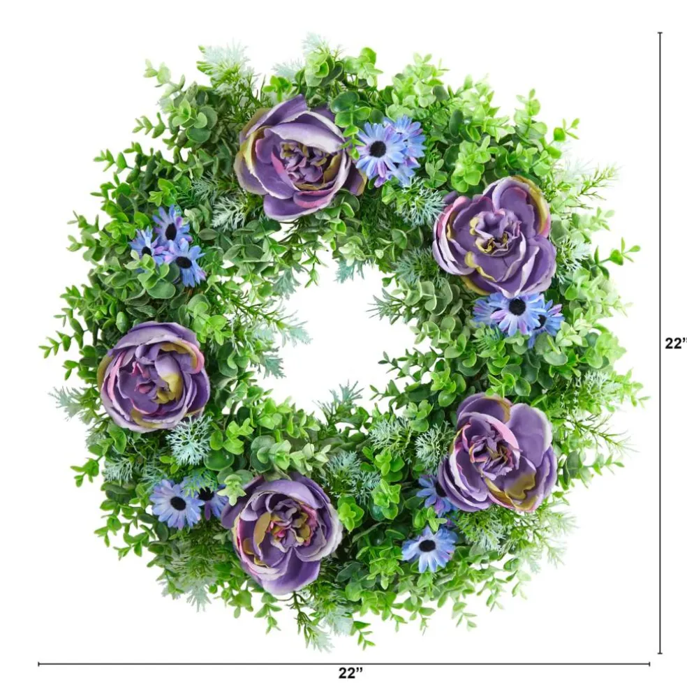 22" Purple Rose, Blue Daisy & Greens Wreath