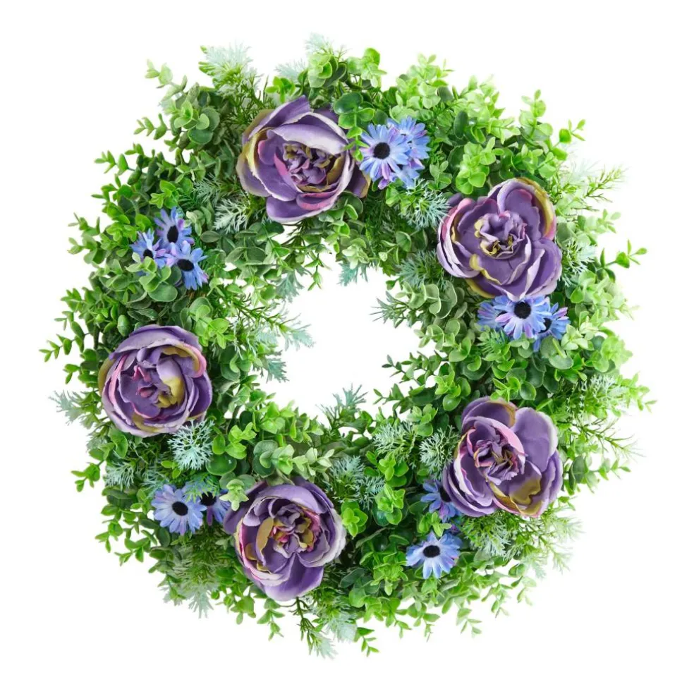 22" Purple Rose, Blue Daisy & Greens Wreath