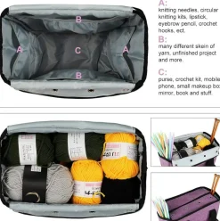 Purple Yarn Storage Tote with Shoulder Strap - Durable 600D Oxford Crochet & Knitting Bag with Grommets & Pockets
