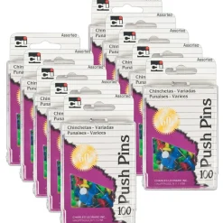 Push Pins, Assorted Colors, 100 Per Box, 10 Boxes