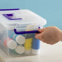 5 Qt. Plastic Craft Storage Container Bins with Lids, 6 Pack, Small Art & Office Supply Organizer Tote, Sensory Bins & Boxes for Home & University, Stackable, Carry Handle, Clear