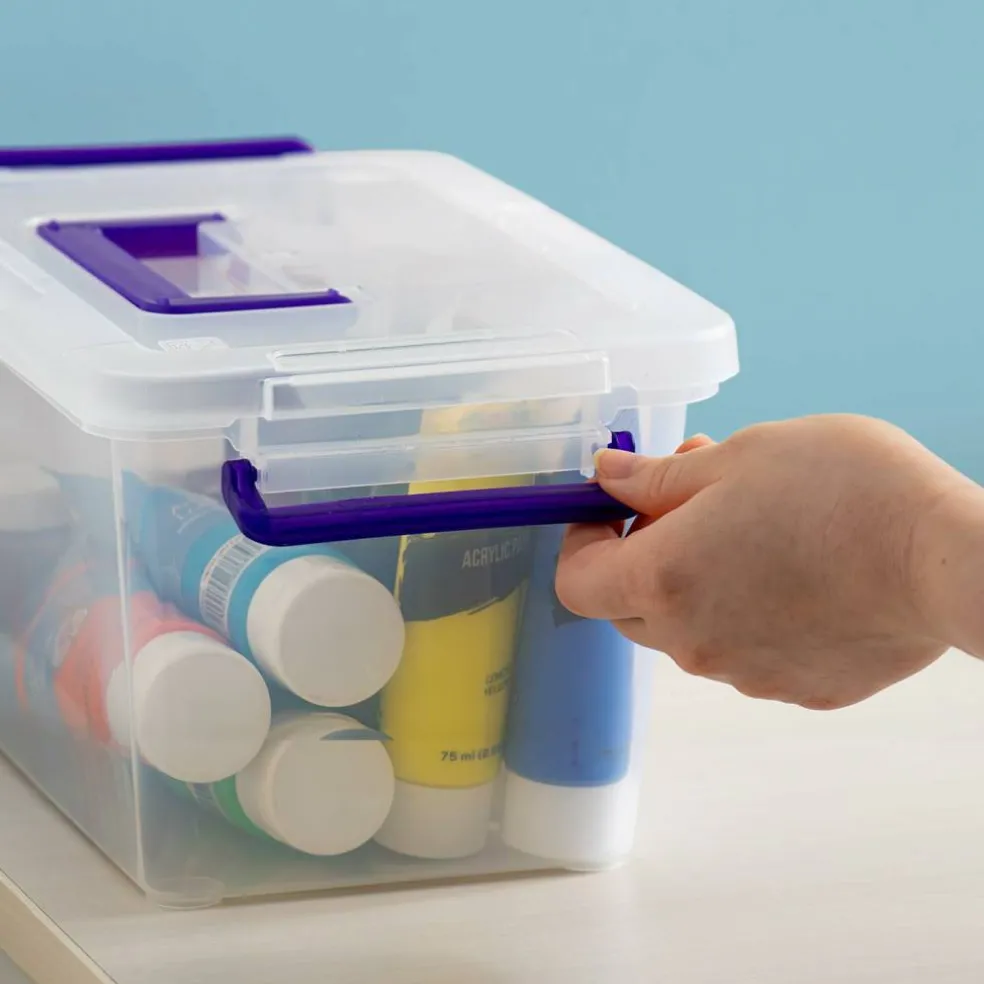 5 Qt. Plastic Craft Storage Container Bins with Lids, 6 Pack, Small Art & Office Supply Organizer Tote, Sensory Bins & Boxes for Home & University, Stackable, Carry Handle, Clear