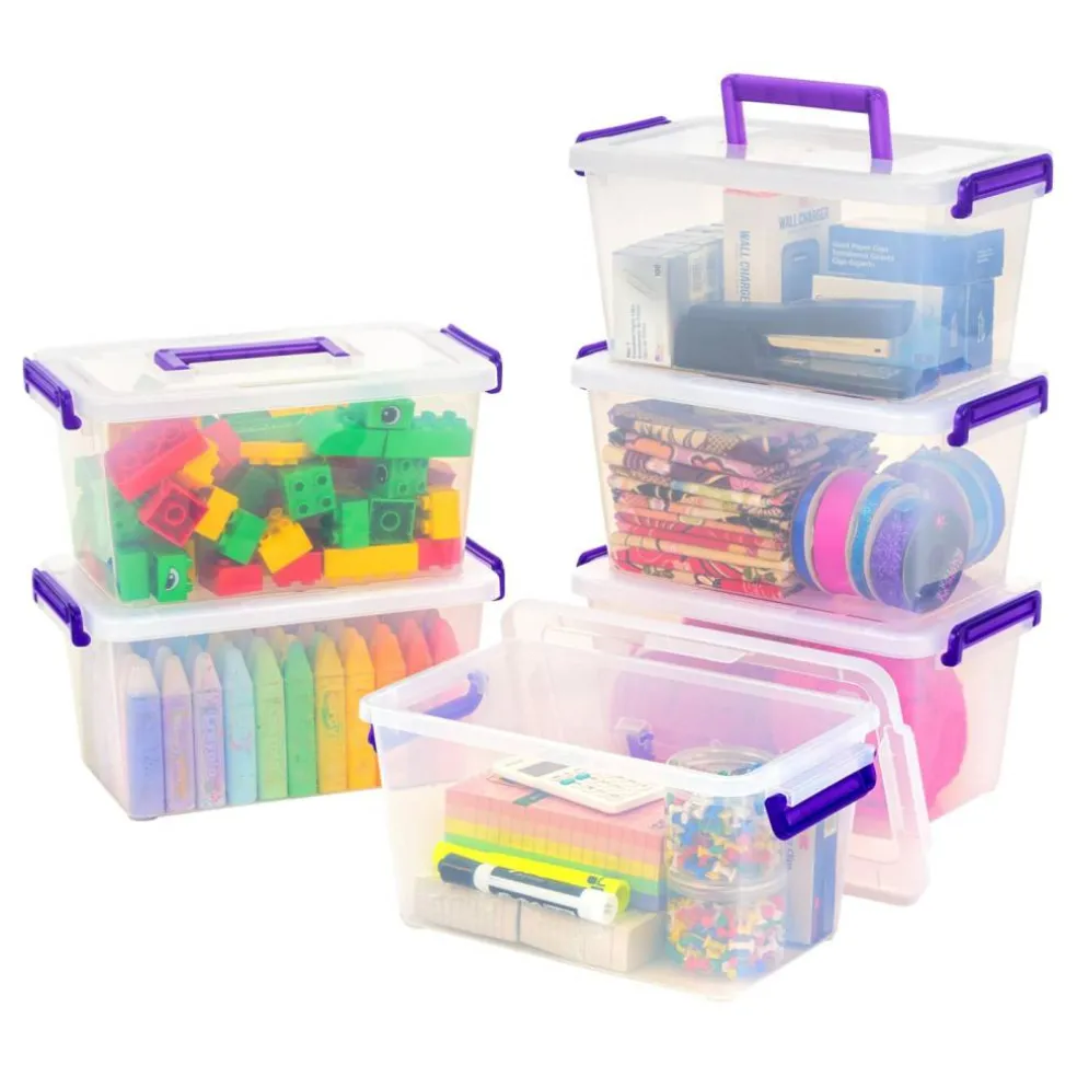 5 Qt. Plastic Craft Storage Container Bins with Lids, 6 Pack, Small Art & Office Supply Organizer Tote, Sensory Bins & Boxes for Home & University, Stackable, Carry Handle, Clear