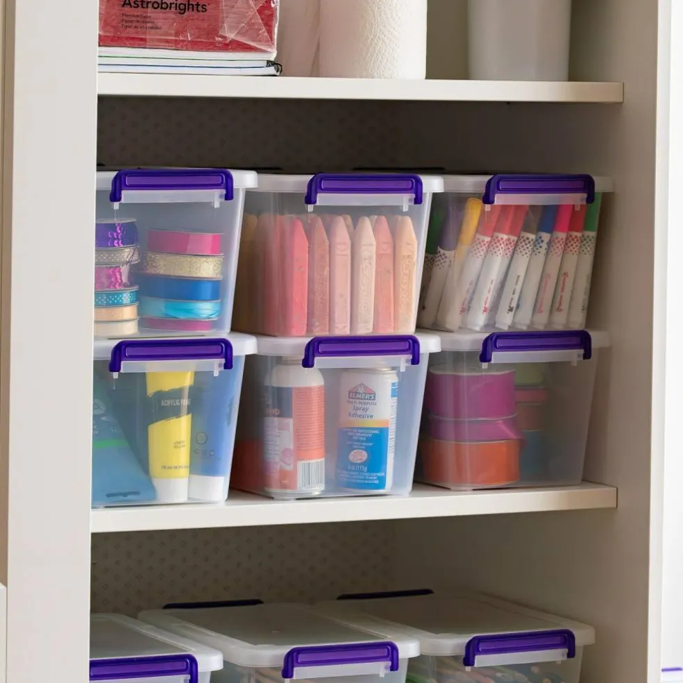 5 Qt. Plastic Craft Storage Container Bins with Lids, 6 Pack, Small Art & Office Supply Organizer Tote, Sensory Bins & Boxes for Home & University, Stackable, Carry Handle, Clear