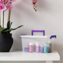 5 Qt. Plastic Craft Storage Container Bins with Lids, 6 Pack, Small Art & Office Supply Organizer Tote, Sensory Bins & Boxes for Home & University, Stackable, Carry Handle, Clear