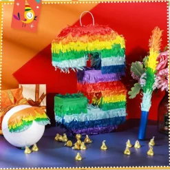 Rainbow Number Piñata Multicolor Number Piñata Small Kids Birthday Party with Blindfold Stick and Confetti for Birthday Anniversary Cinco De Mayo Fiesta Party Decor(Number 3)
