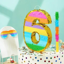 Rainbow Number 6 Pinata for 6th Birthday Party Decorations, Colorful Fiesta Pinata with Stick Blindfold and Confetti, Kids Birthday Party Supplies, Anniversary Celebration Games, Fun Party Favor