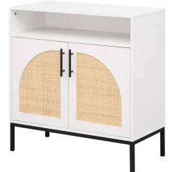 Rattan Door Buffet Cabinet Sideboard Storage Unit with Adjustable Shelf Kitchen Dining Room Credenza Boho Style Coffee Bar Organizer Furniture