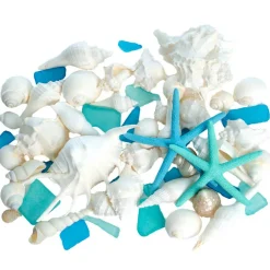 Real Mixed Beach Seashells with Blue & Green Starfish & Aqua and Blue Sea Glass White Decorative Sea Shell Décor & Blue Seaglass Pieces