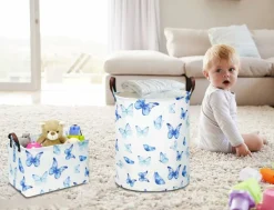 Rectangular Blue Butterfly Storage Basket with Handles, Collapsible Fabric Gift Basket, Linen Canvas Toy Bin for Kids, Laundry Hamper, Books & Nursery Organizer, Waterproof Lined Storage Tote
