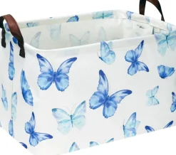 Rectangular Blue Butterfly Storage Basket with Handles, Collapsible Fabric Gift Basket, Linen Canvas Toy Bin for Kids, Laundry Hamper, Books & Nursery Organizer, Waterproof Lined Storage Tote