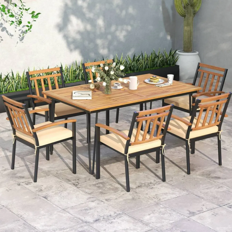 Rectangular Outdoor Dining Table for 6 People with Acacia Wood Tabletop and Umbrella Hole