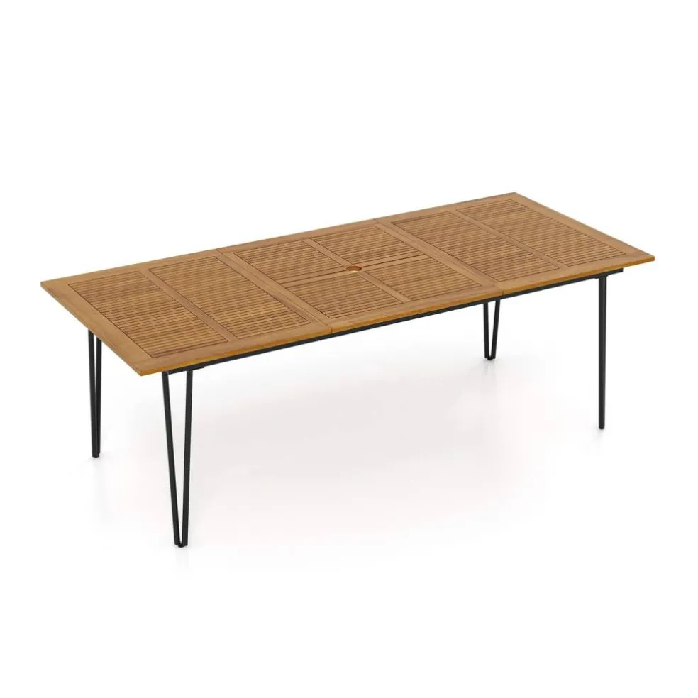 Rectangular Outdoor Dining Table for 6 People with Acacia Wood Tabletop and Umbrella Hole