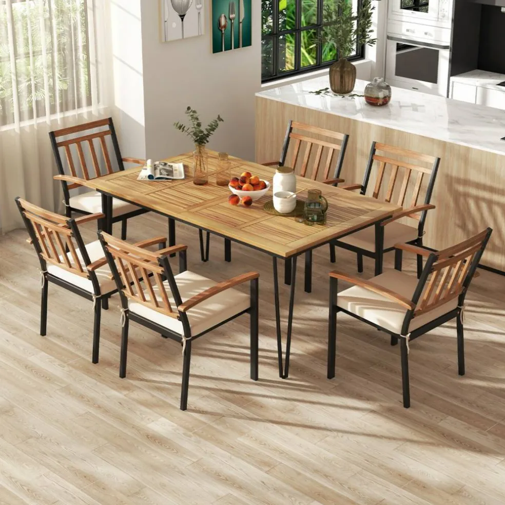 Rectangular Outdoor Dining Table for 6 People with Acacia Wood Tabletop and Umbrella Hole
