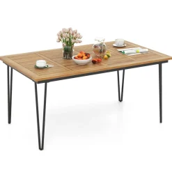 Rectangular Outdoor Dining Table for 6 People with Acacia Wood Tabletop and Umbrella Hole