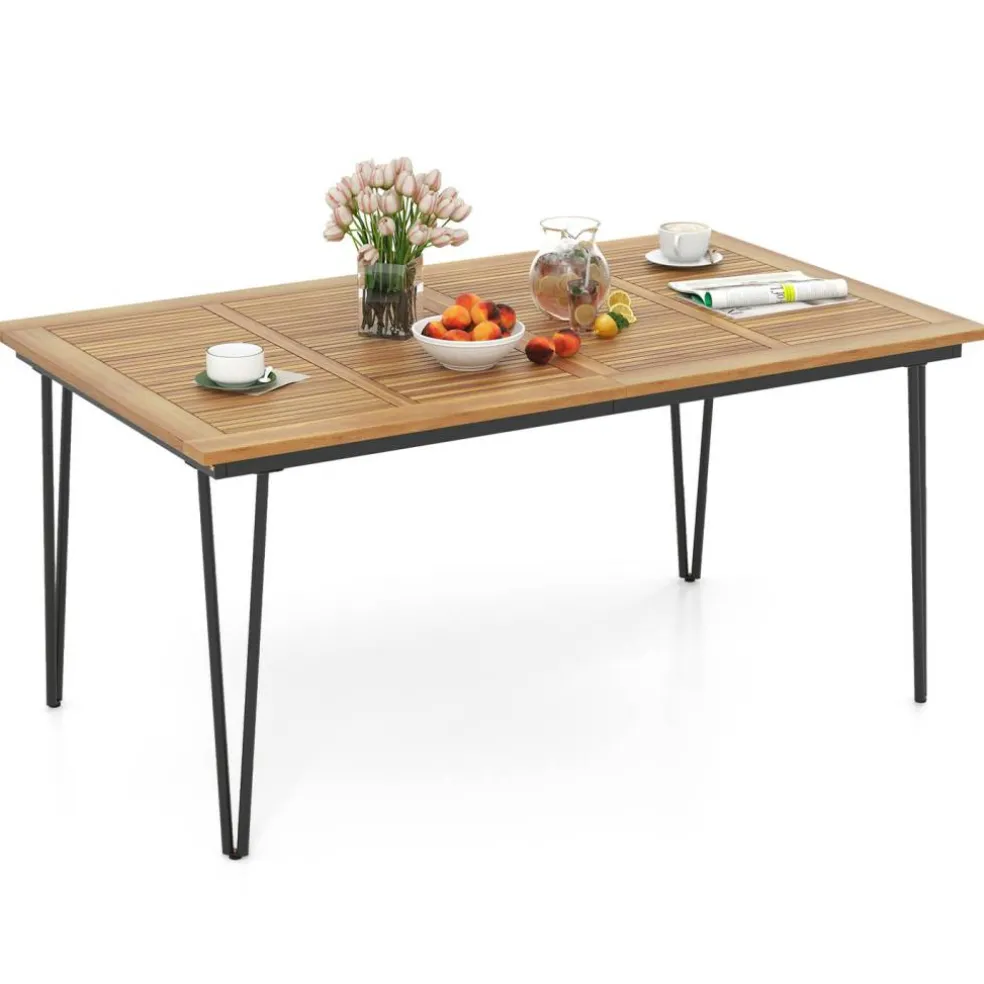 Rectangular Outdoor Dining Table for 6 People with Acacia Wood Tabletop and Umbrella Hole