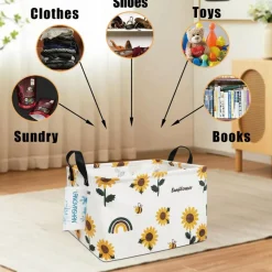 Rectangular Storage Bin Collapse Canvas Fabric Cartoon Storage Basket with Handles for Organizing Home Kitchen Boys and Girls Toys Office Closet Shelf Baskets(Rec Sunflower)
