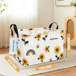Rectangular Storage Bin Collapse Canvas Fabric Cartoon Storage Basket with Handles for Organizing Home Kitchen Boys and Girls Toys Office Closet Shelf Baskets(Rec Sunflower)