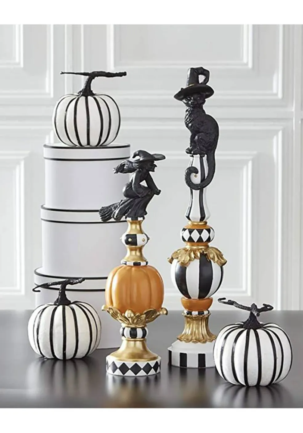 17" Resin Black White Orange and Gold Finial with Witch Prop