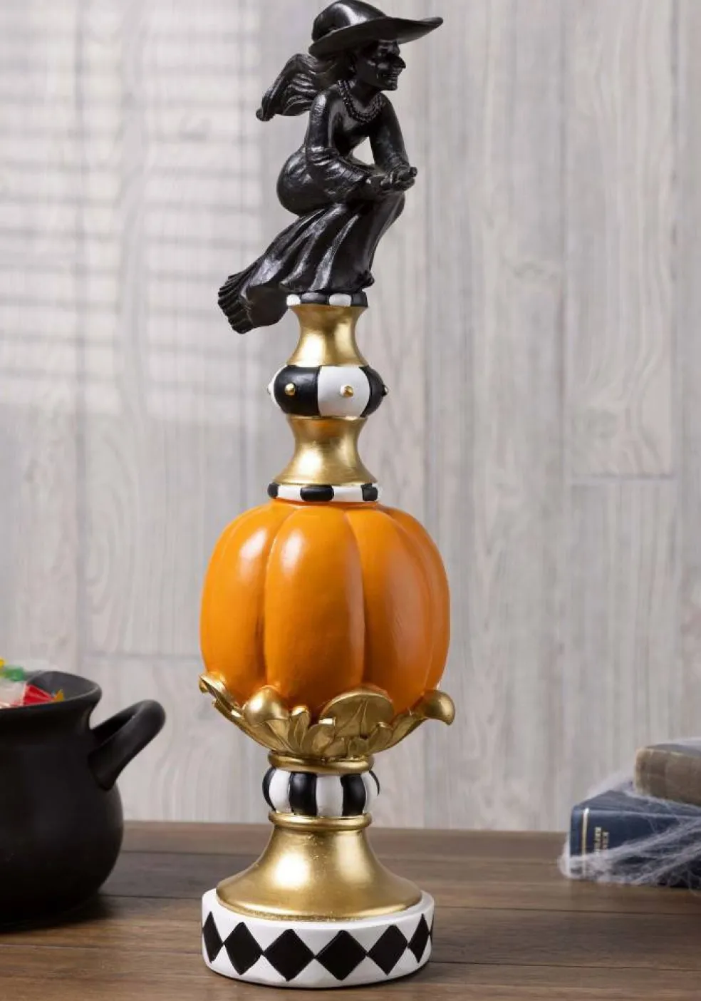 17" Resin Black White Orange and Gold Finial with Witch Prop