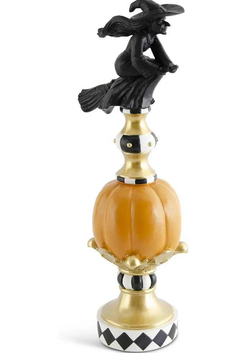 17" Resin Black White Orange and Gold Finial with Witch Prop
