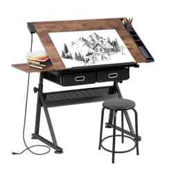 Retro Adjustable Drafting Table with Charging Station & Stool