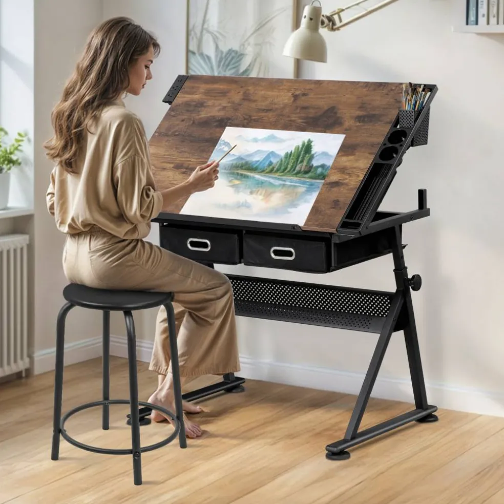 Retro Adjustable Drafting Table with Charging Station & Stool