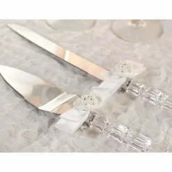 Rhinestone Pearlized Heart Rose Bouquet Wedding Cake Server Set