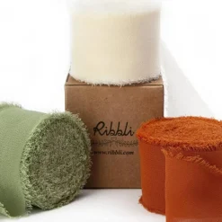 Ribbli Fall Ribbon 1.5 inch x 30 Yard Handmade Silk, Ivory/Dusty Sage/Terracotta Fringe Chiffon Ribbon for Wedding Invitations, Bridal Bouquets Wrapping, Flower Arrangement Decoration