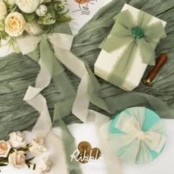 Ribbli Fall Ribbon 1.5 inch x 30 Yard Handmade Silk, Ivory/Dusty Sage/Terracotta Fringe Chiffon Ribbon for Wedding Invitations, Bridal Bouquets Wrapping, Flower Arrangement Decoration