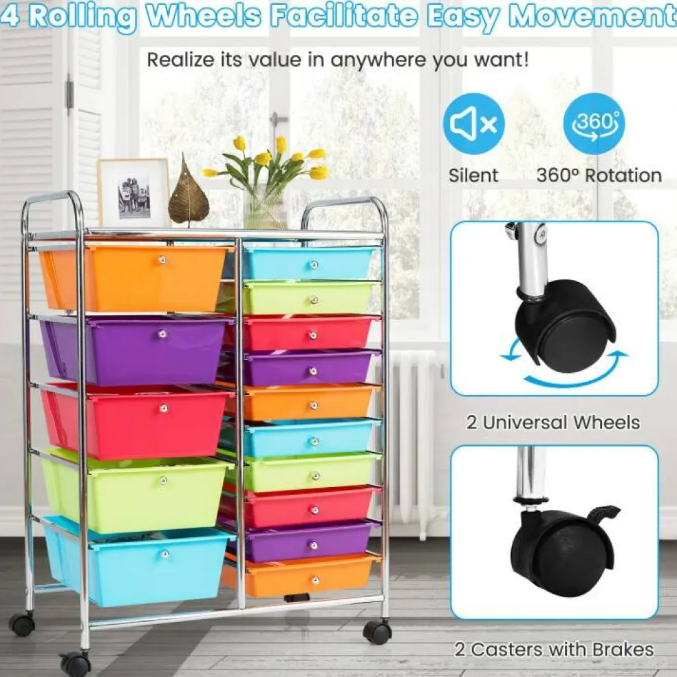 Rolling Storage Cart 15 Drawer Organizer With Wheels Craft Office Supply Organizer Steel Frame Multicolor Drawers
