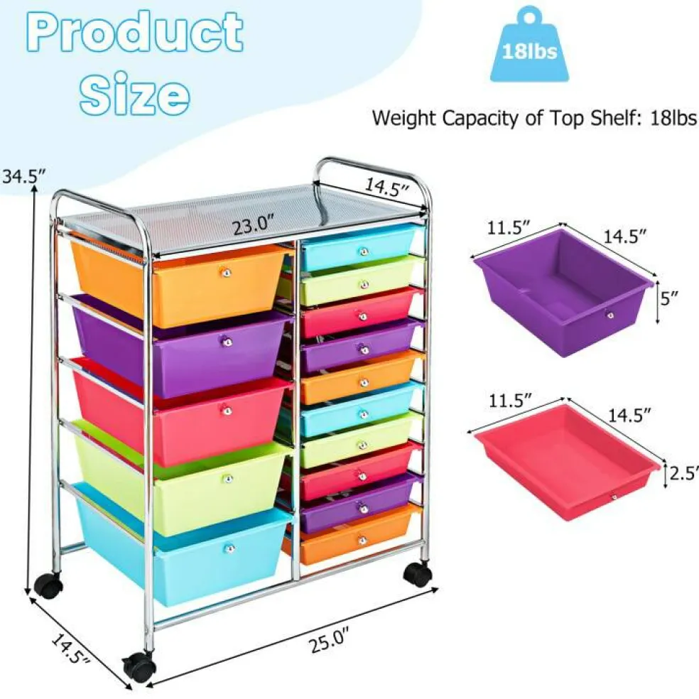Rolling Storage Cart 15 Drawer Organizer With Wheels Craft Office Supply Organizer Steel Frame Multicolor Drawers