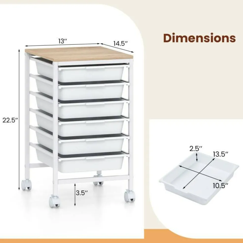 Rolling Storage Cart MDF Metal 6-Drawer Organizer