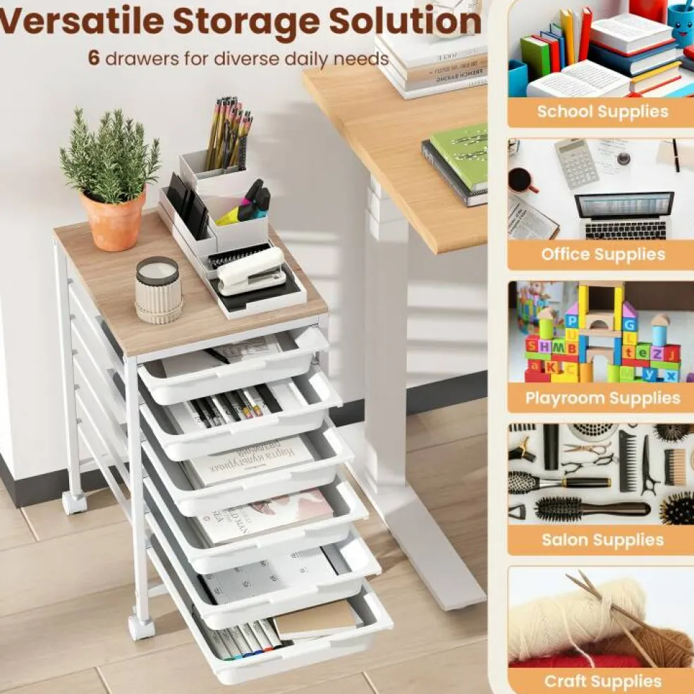 Rolling Storage Cart MDF Metal 6-Drawer Organizer